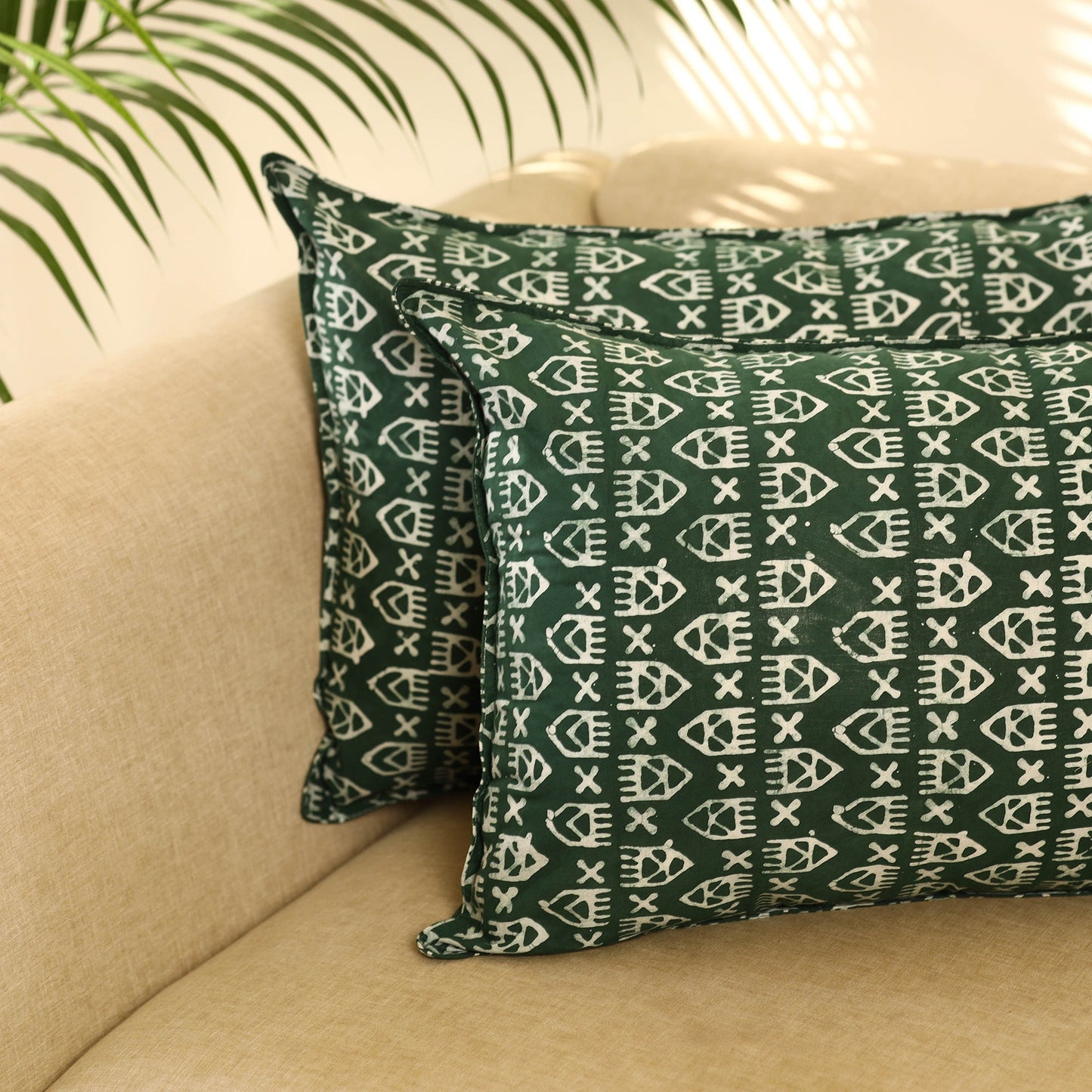 Buy Set of 2 Green Hand Batik Print Cotton Pillow Covers