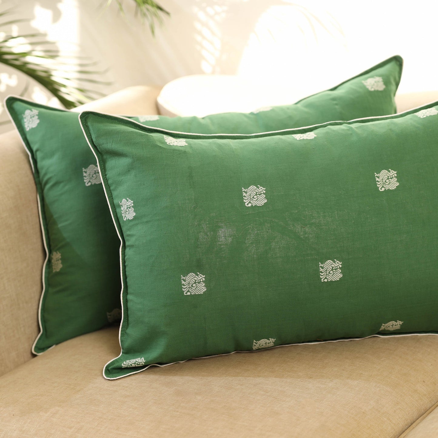 Buy Set of 2 Green Jacquard Cotton Pillow Covers