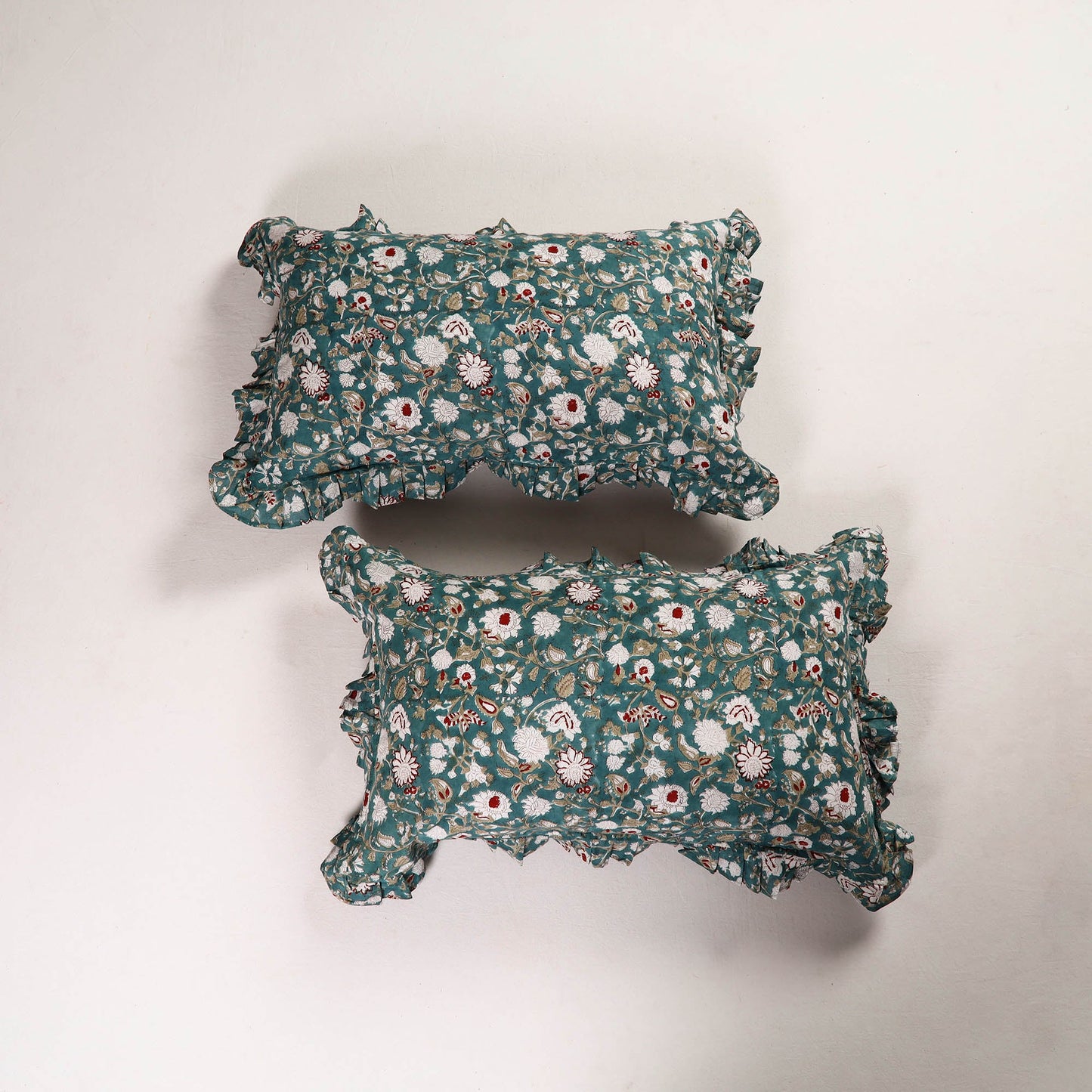 Green - set of 2 sanganeri cotton frill pillow covers 04