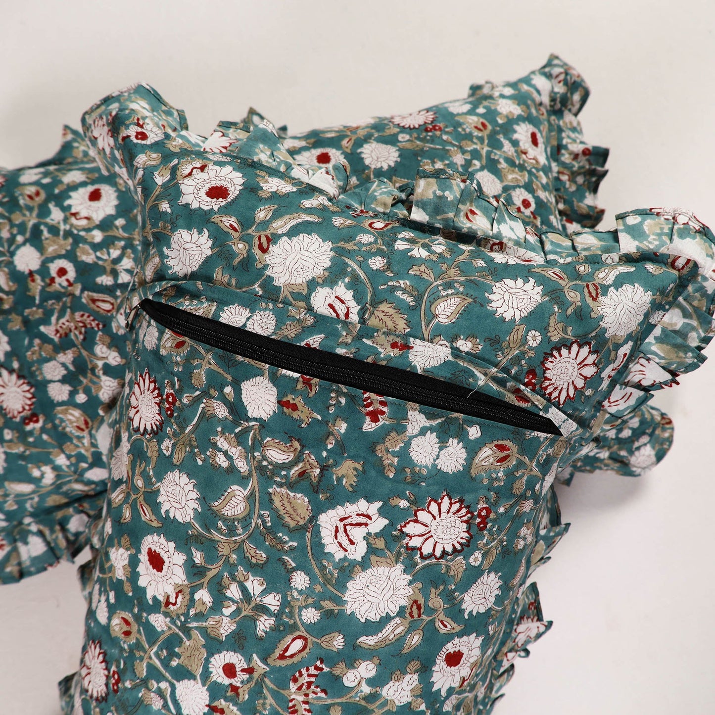 Green - set of 2 sanganeri cotton frill pillow covers 04