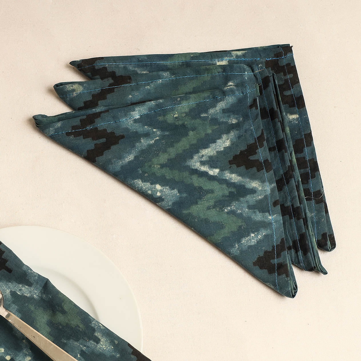 Green Set of 4 - Bagru Block Printed Cotton Table Napkins
