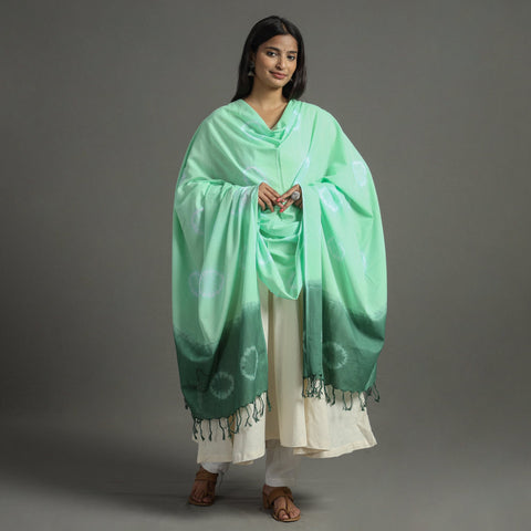 Green - shibori tie-dye cotton dupatta with tassels 84