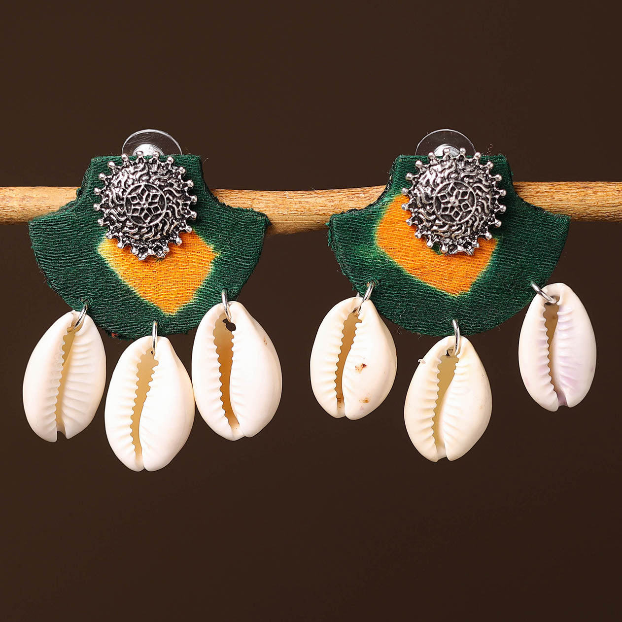 Green - shifa handcrafted gs & shell work fabart earrings