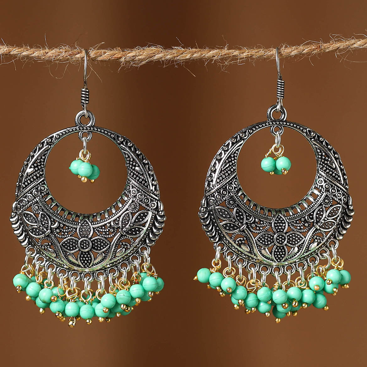 Green Shipra German Silver Beaded Earrings