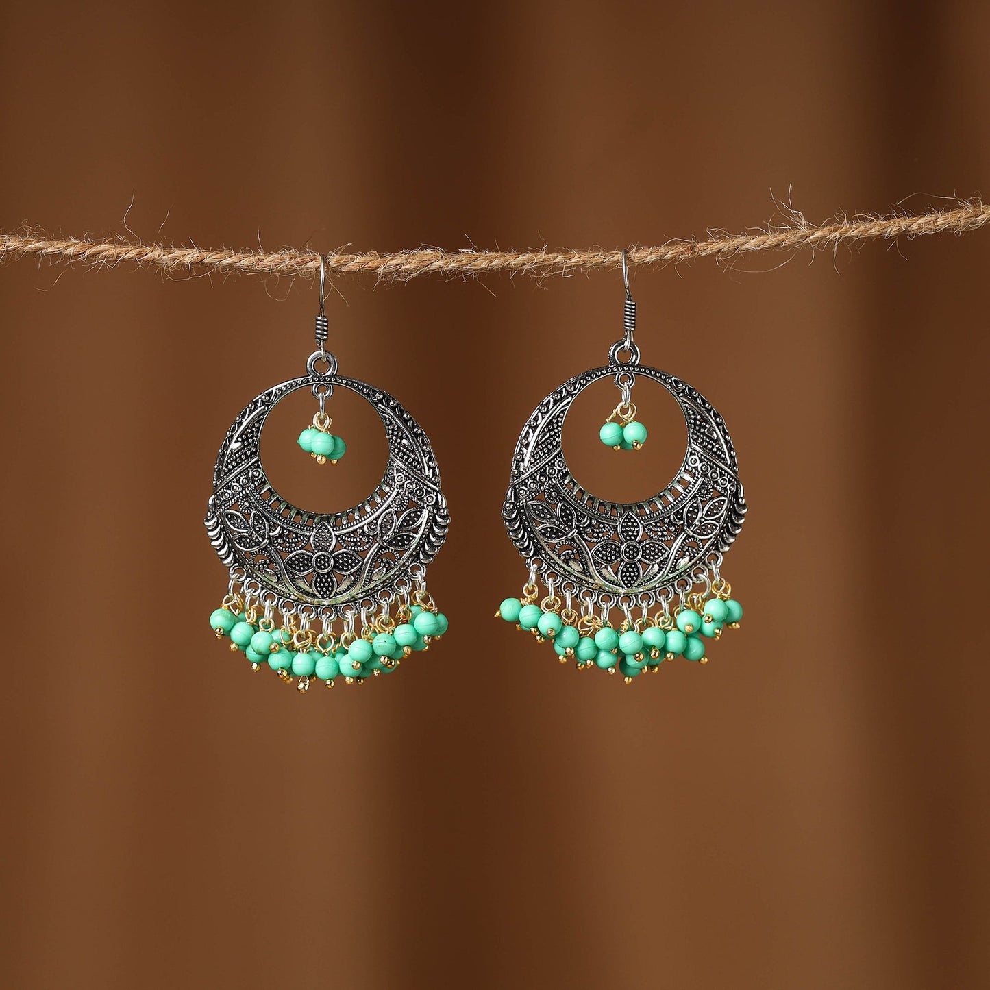 Green Shipra German Silver Beaded Earrings