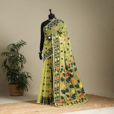 Green - silk cotton dhakai jamdani saree 09 - handcrafted