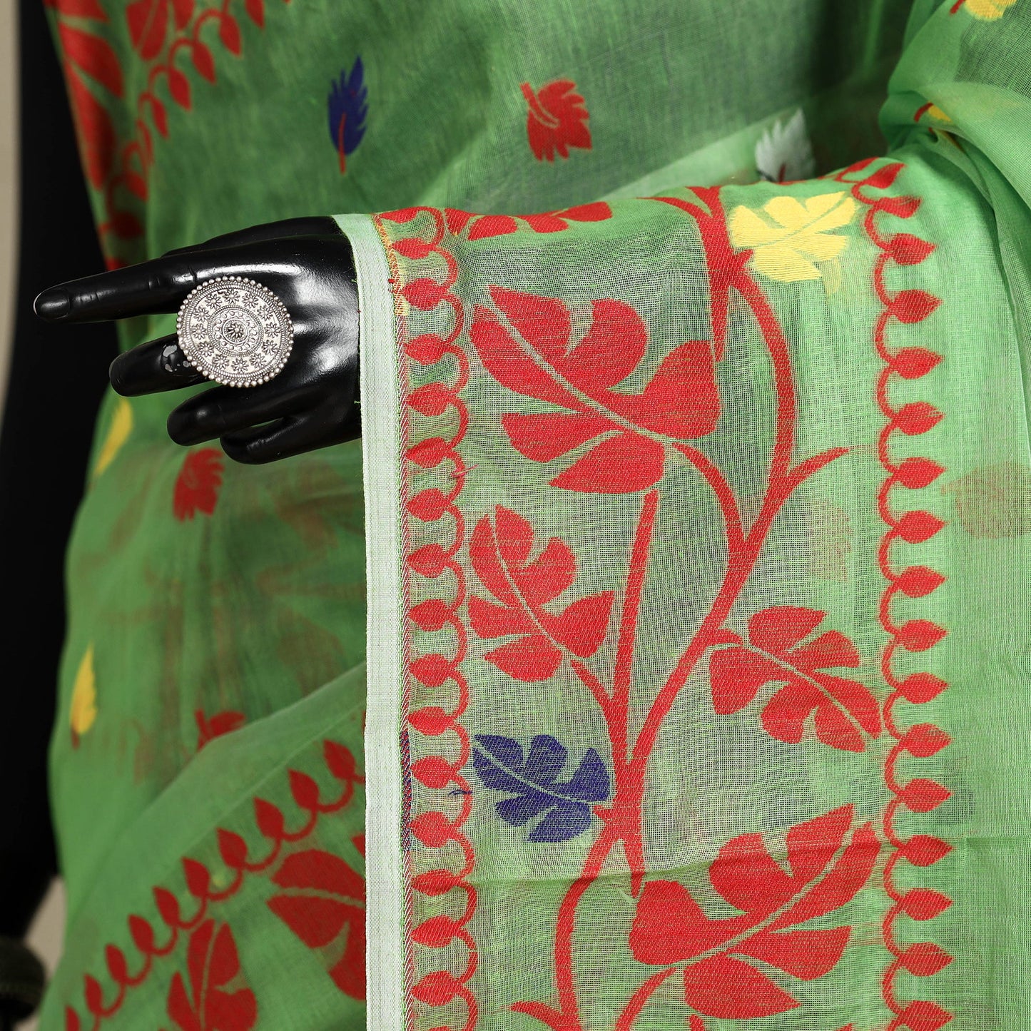 Green - silk cotton dhakai jamdani saree 10 - handcrafted
