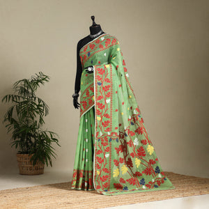Green - silk cotton dhakai jamdani saree 10 - handcrafted
