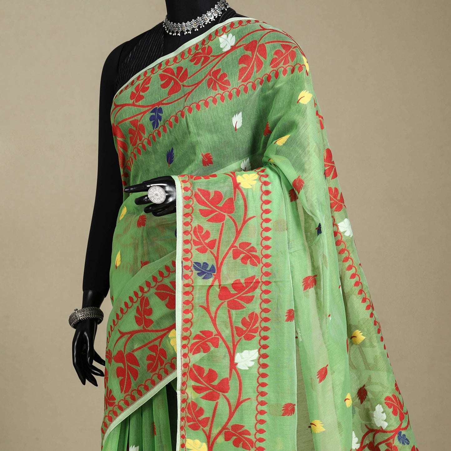 Green - silk cotton dhakai jamdani saree 10 - handcrafted