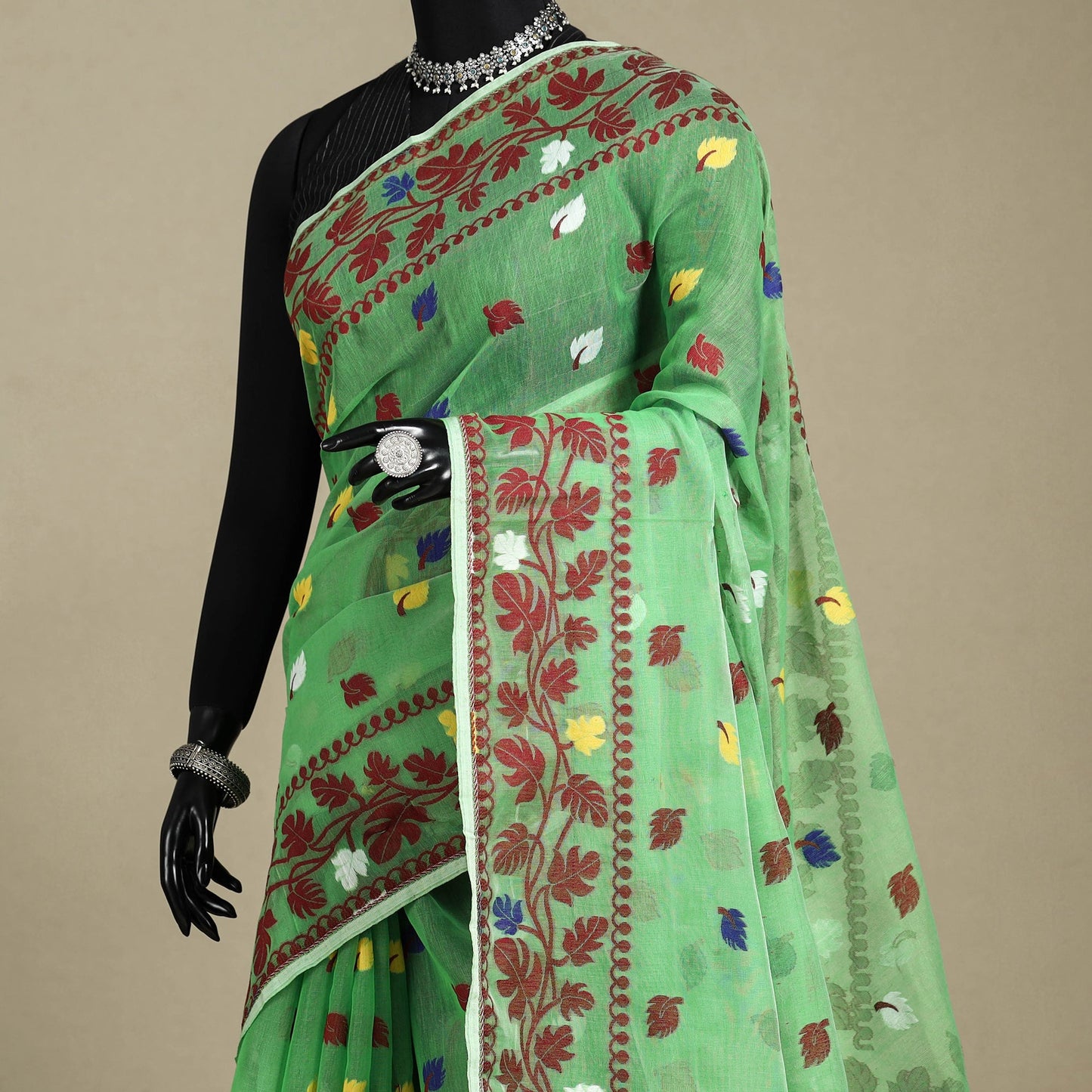 Green - silk cotton dhakai jamdani saree 12 - handcrafted
