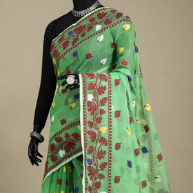 Green - silk cotton dhakai jamdani saree 12 - handcrafted