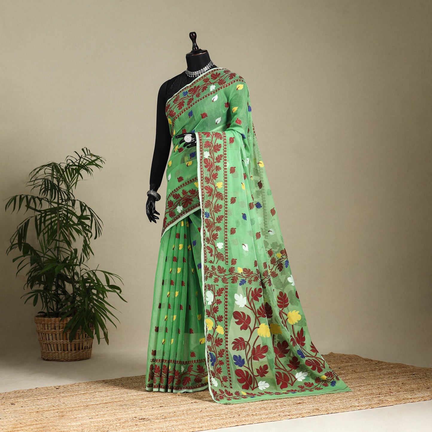 Green - silk cotton dhakai jamdani saree 12 - handcrafted