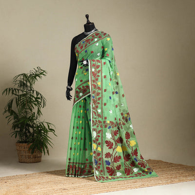 Green - silk cotton dhakai jamdani saree 12 - handcrafted