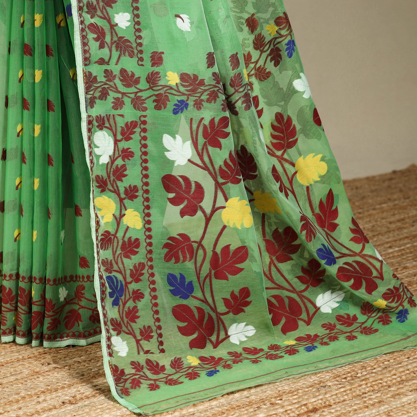 Green - silk cotton dhakai jamdani saree 12 - handcrafted