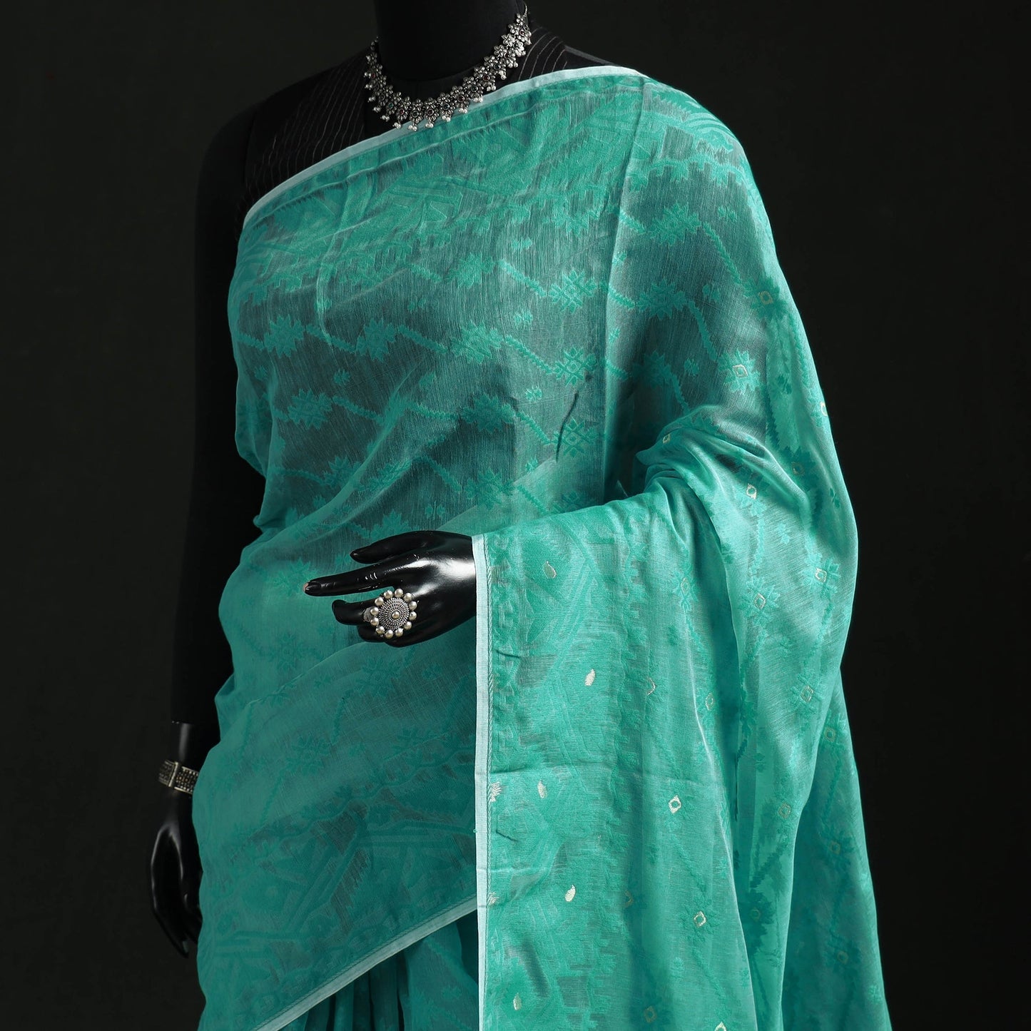 Silk cotton dhakai jamdani saree 18 - handcrafted