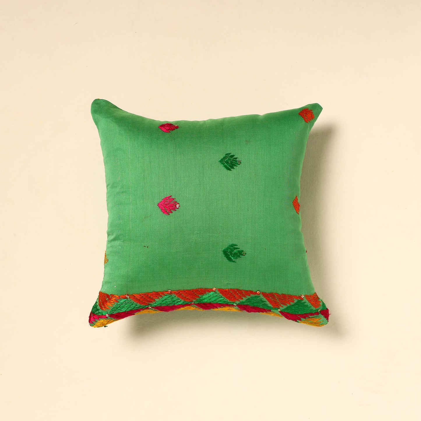 Buy Green Silk Cotton Phulkari Embroidered Cushion Cover