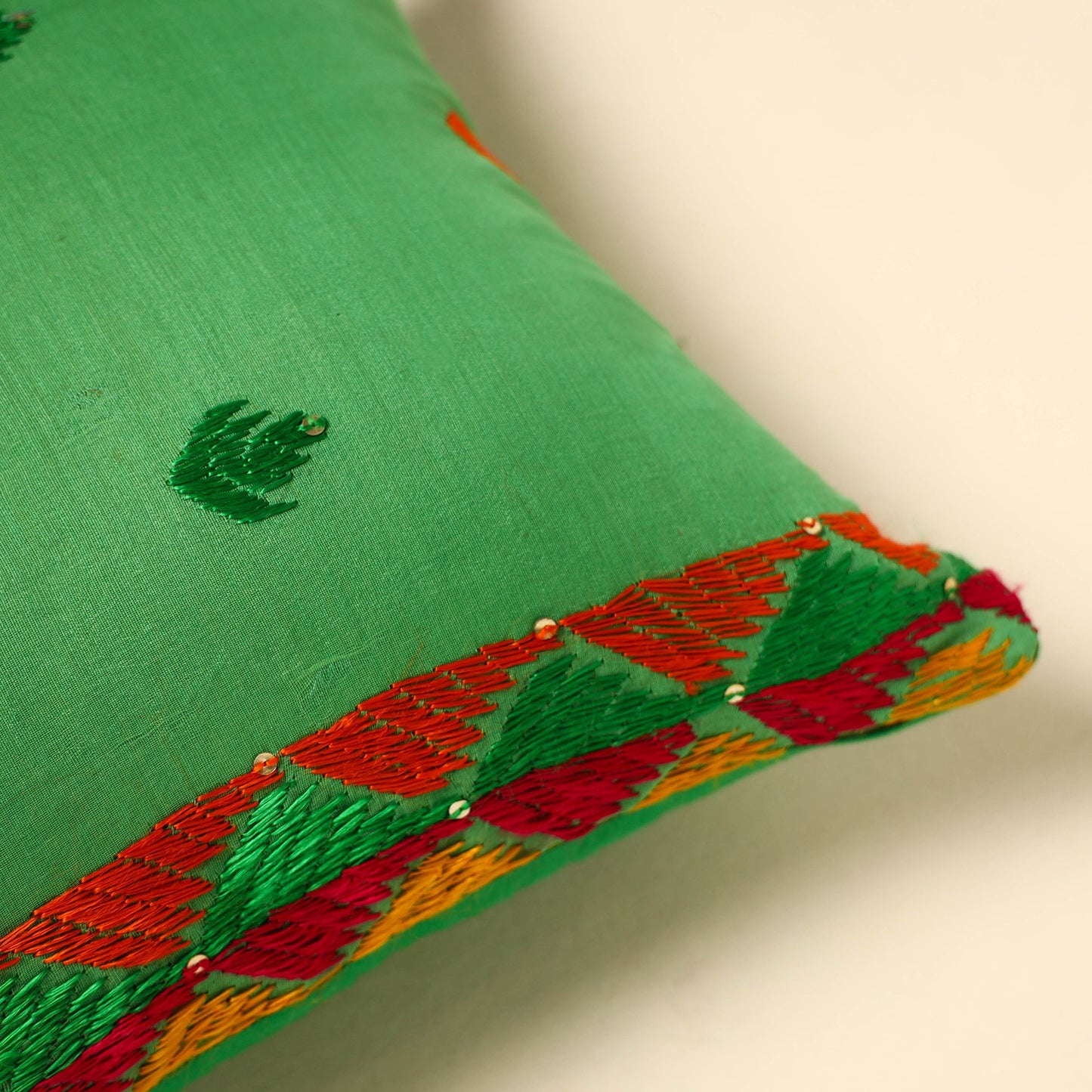 Buy Green Silk Cotton Phulkari Embroidered Cushion Cover