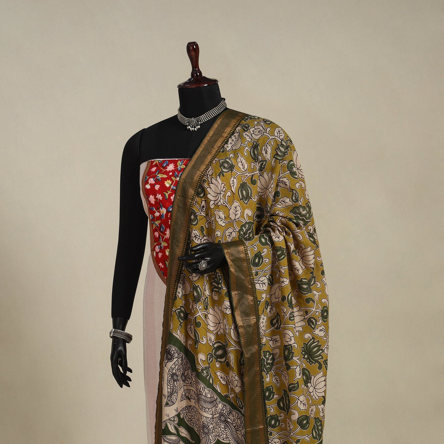 Green - silk cotton printed kalamkari dupatta with nizam