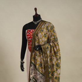 Green - silk cotton printed kalamkari dupatta with nizam