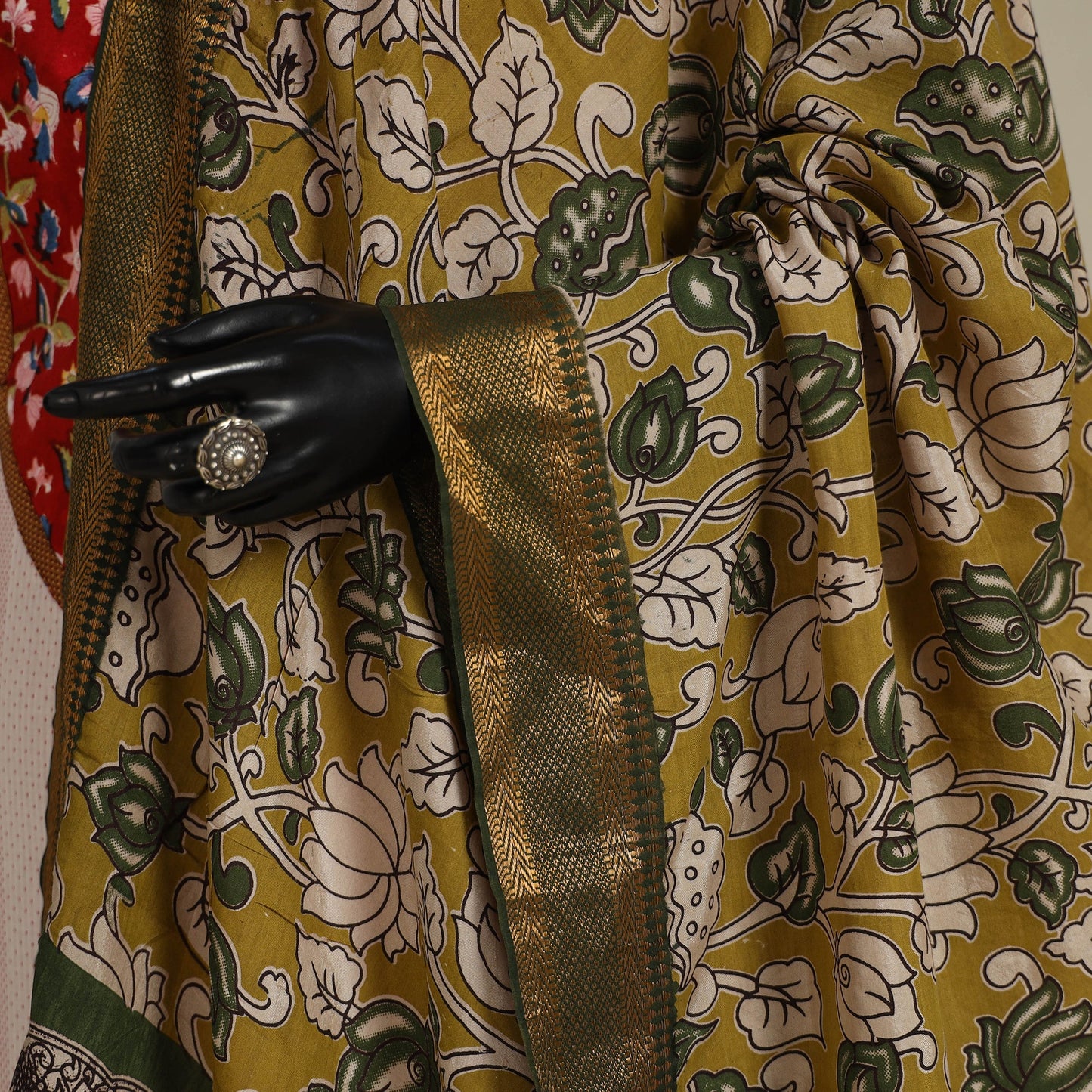 Green - silk cotton printed kalamkari dupatta with nizam
