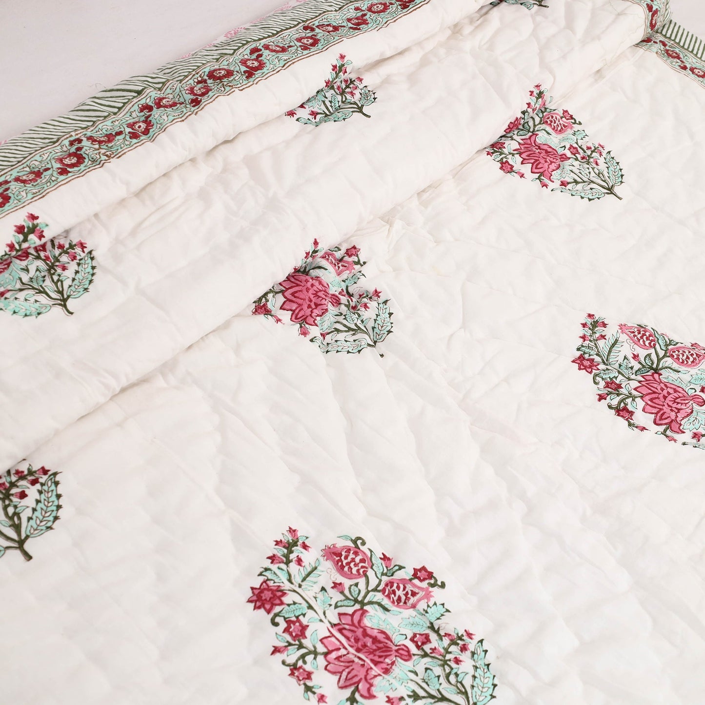 Green - Single - Reversible Sanganeri Block Print Cotton Quilt 29