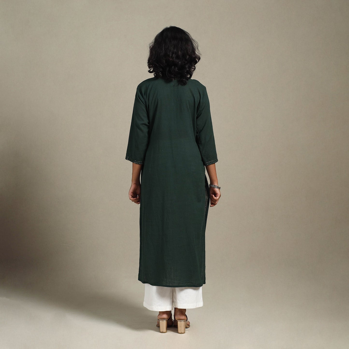 Green Slub Cotton Straight Plain Kurta with Hand Embroidery