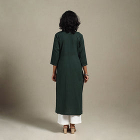 Green Slub Cotton Straight Plain Kurta with Hand Embroidery