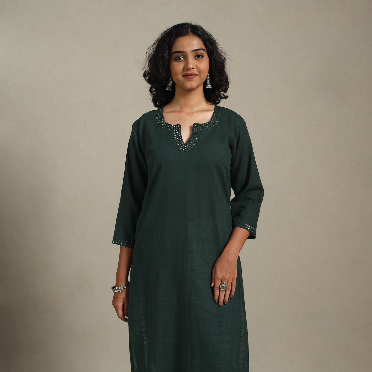 Green Slub Cotton Straight Plain Kurta with Hand Embroidery