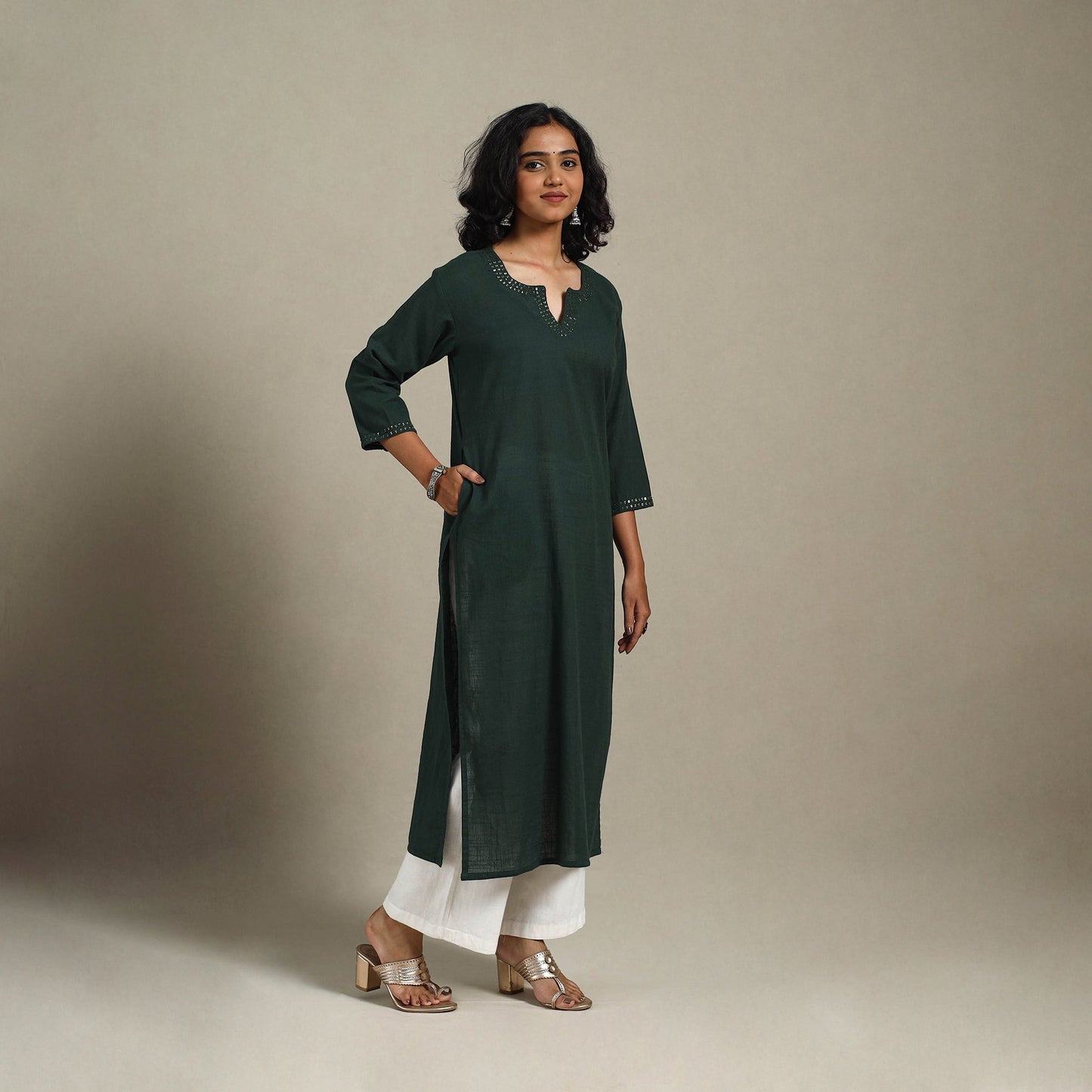 Green Slub Cotton Straight Plain Kurta with Hand Embroidery