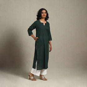 Green Slub Cotton Straight Plain Kurta with Hand Embroidery