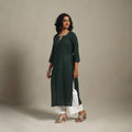 Green Slub Cotton Straight Plain Kurta with Hand Embroidery