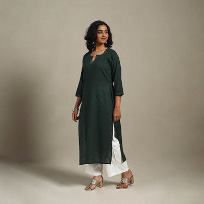 Green Slub Cotton Straight Plain Kurta with Hand Embroidery