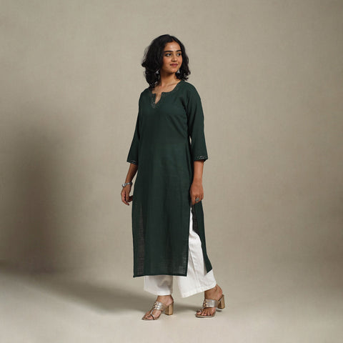 Green Slub Cotton Straight Plain Kurta with Hand Embroidery