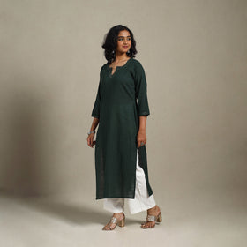Green Slub Cotton Straight Plain Kurta with Hand Embroidery