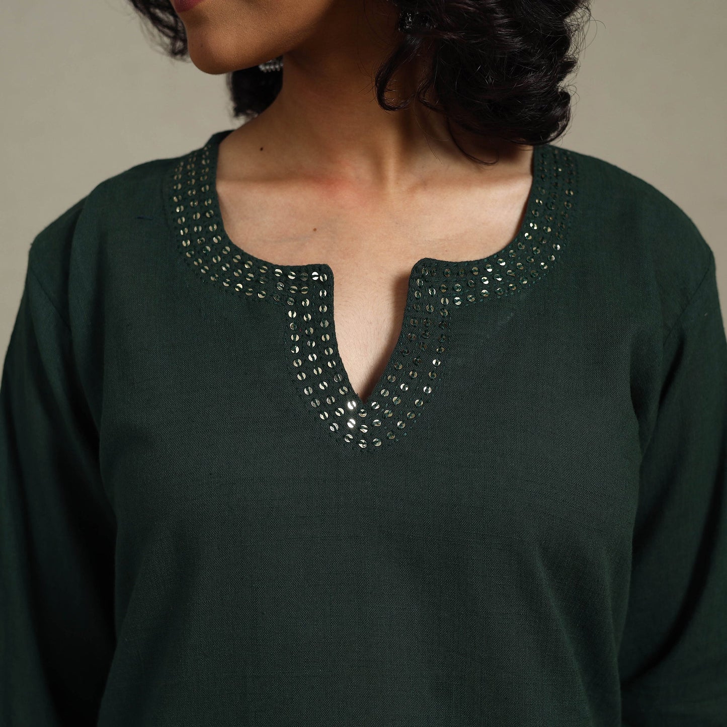 Green Slub Cotton Straight Plain Kurta with Hand Embroidery