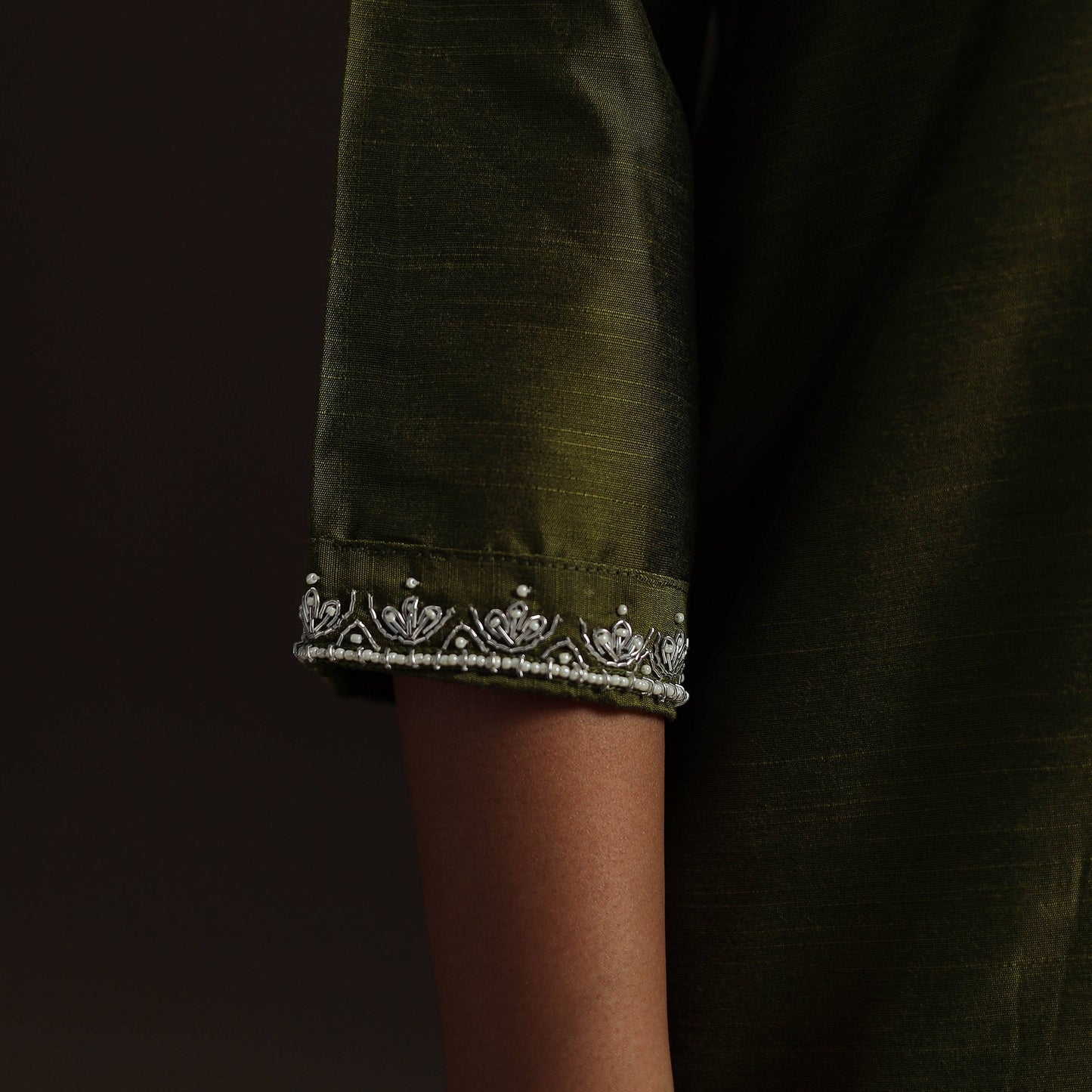 Green - slub silk hand embroidered straight plain kurta 15