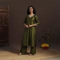 Green - slub silk hand embroidered straight plain kurta 15