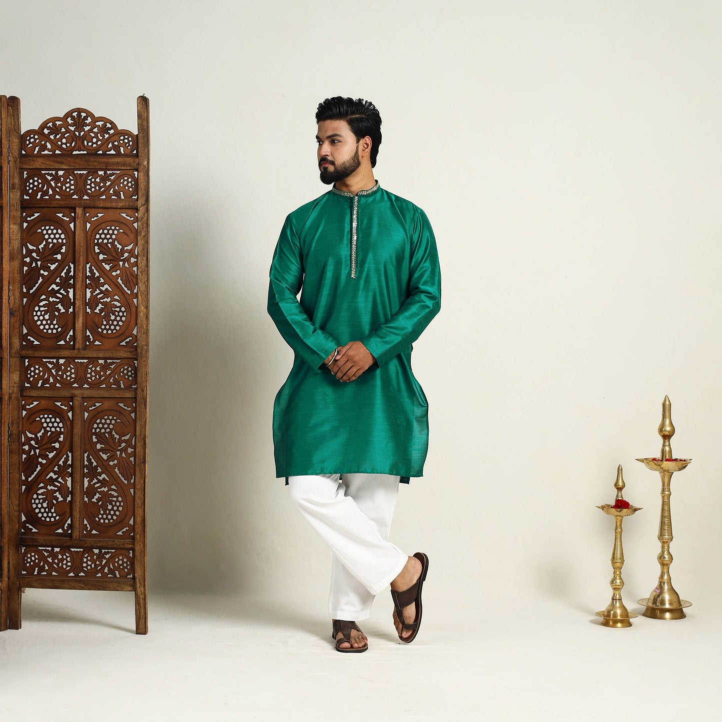 Buy Green Slub Silk Kurta for Men with Embellished Neckline Work
