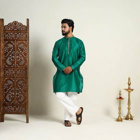 Buy Green Slub Silk Kurta for Men with Embellished Neckline Work