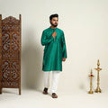 Buy Green Slub Silk Kurta for Men with Embellished Neckline Work