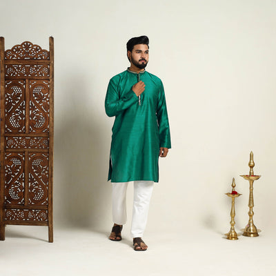 Buy Green Slub Silk Kurta for Men with Embellished Neckline Work