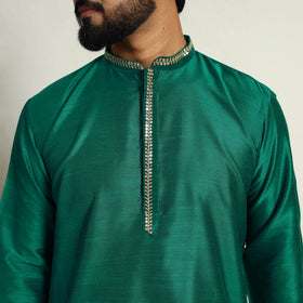 Buy Green Slub Silk Kurta for Men with Embellished Neckline Work