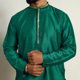 Buy Green Slub Silk Kurta for Men with Embellished Neckline Work