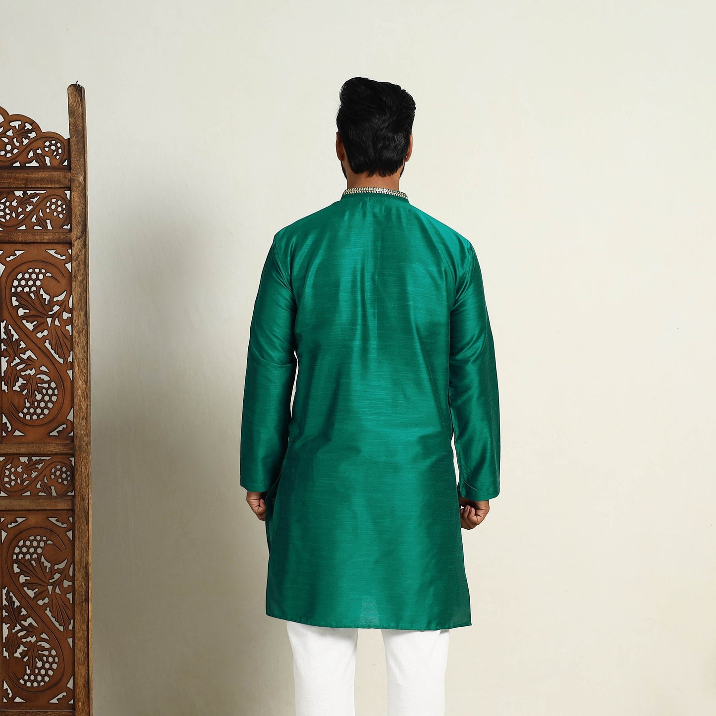 Buy Green Slub Silk Kurta for Men with Embellished Neckline Work