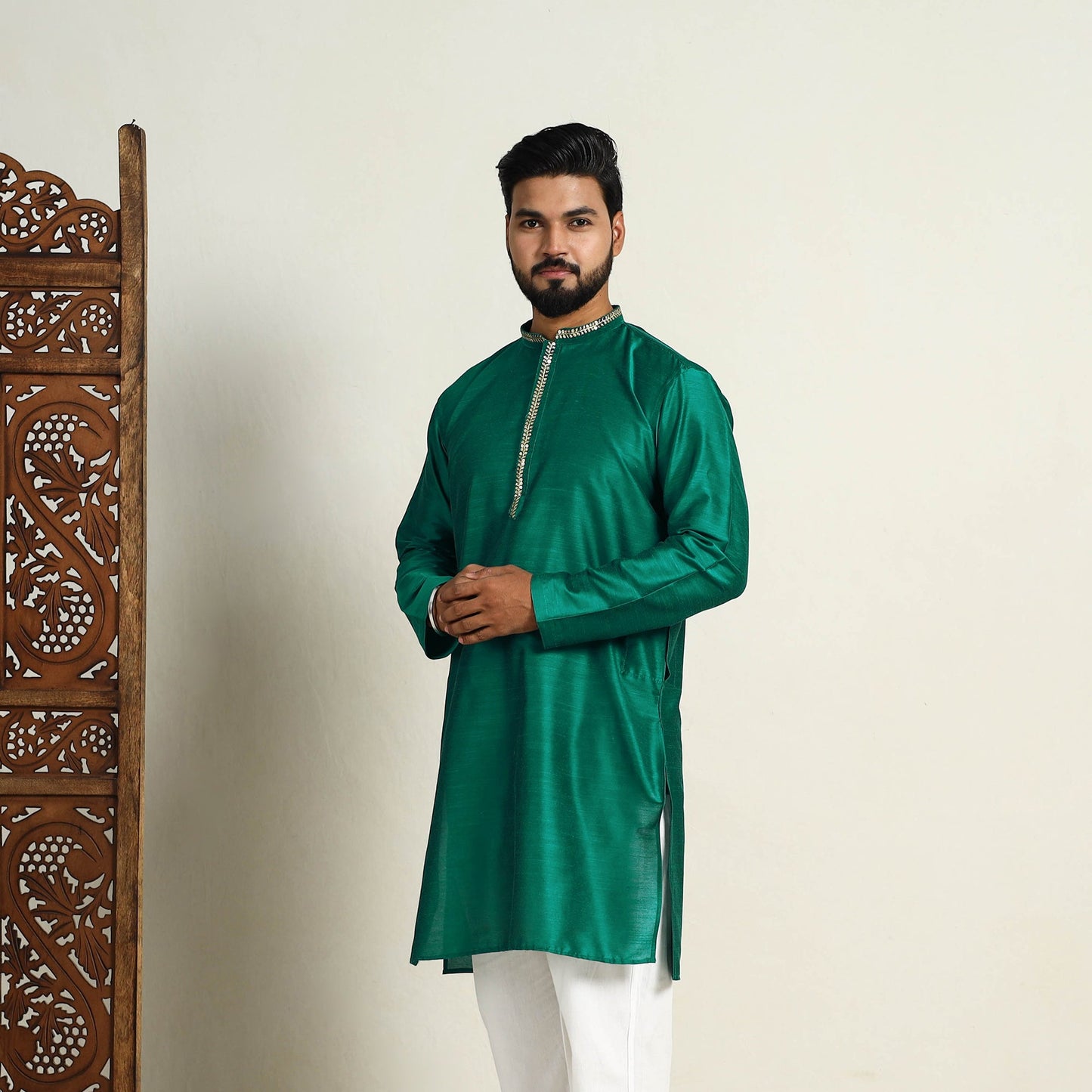 Buy Green Slub Silk Kurta for Men with Embellished Neckline Work