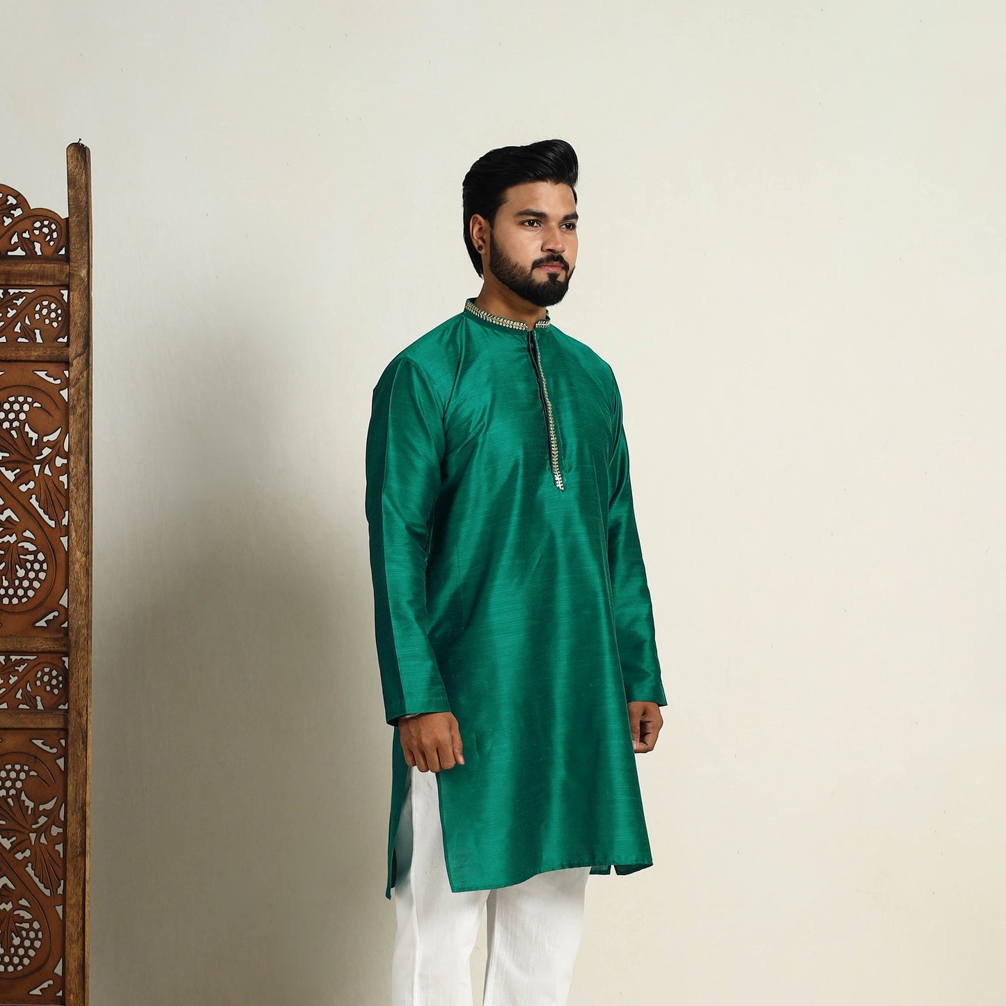Buy Green Slub Silk Kurta for Men with Embellished Neckline Work