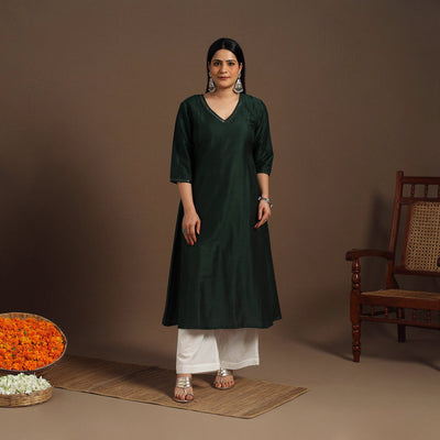 Green Slub Silk A-Line Plain Kurta with Hand Embroidery