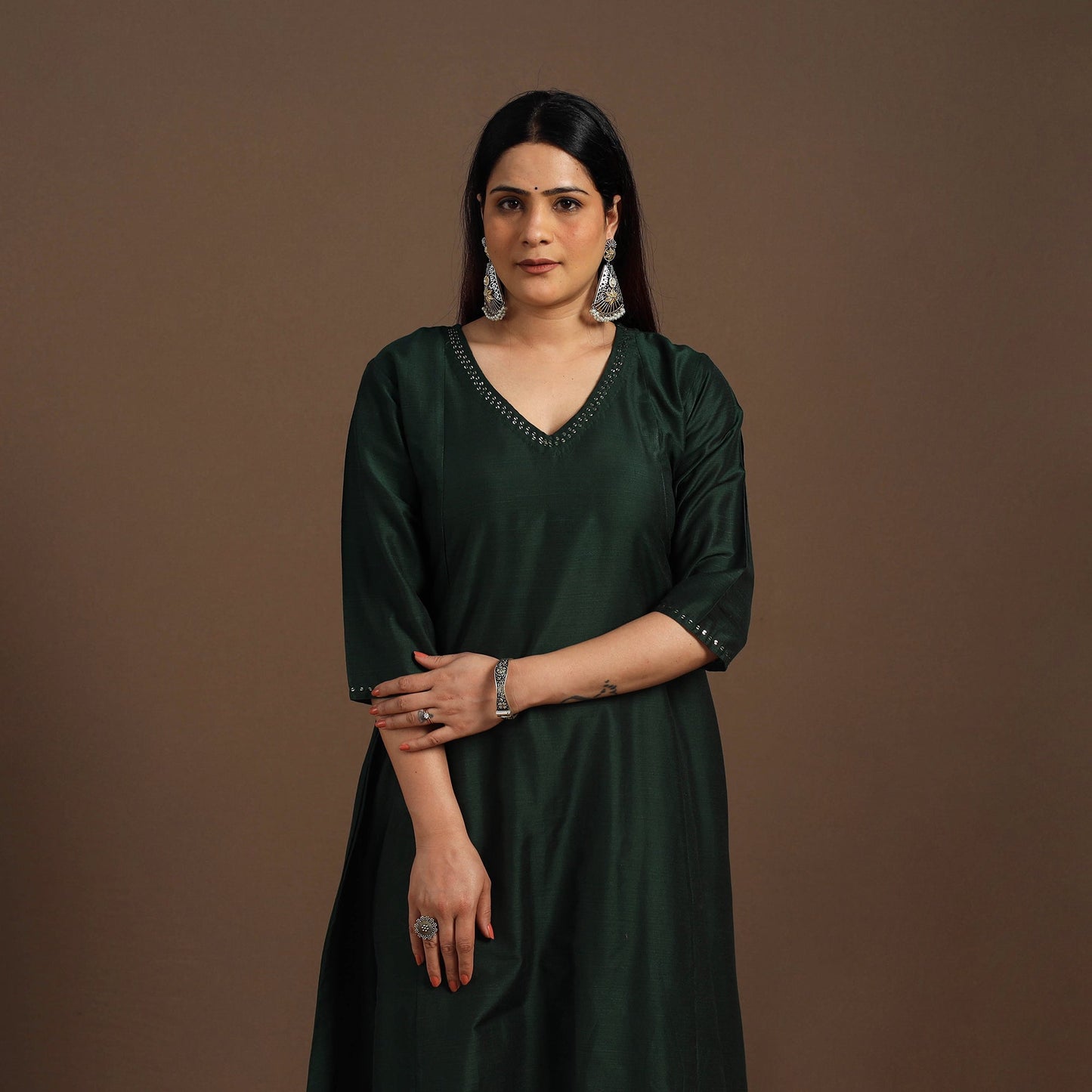Green Slub Silk A-Line Plain Kurta with Hand Embroidery