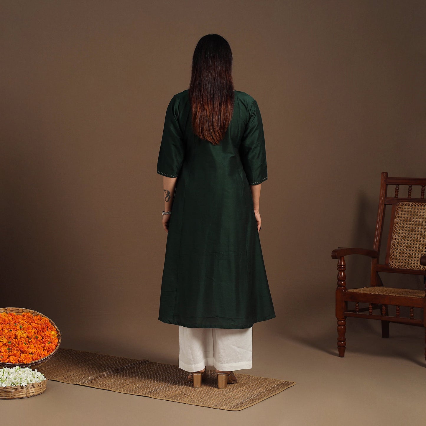 Green Slub Silk A-Line Plain Kurta with Hand Embroidery