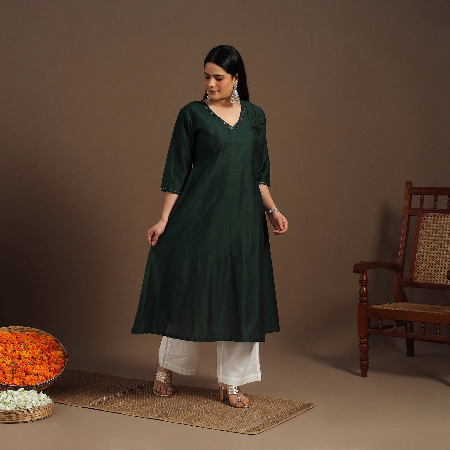 Green Slub Silk A-Line Plain Kurta with Hand Embroidery